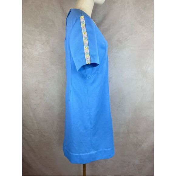 Vintage 1970s Mod Blue Shift Dress Floral Embroidered - Picture 7 of 9